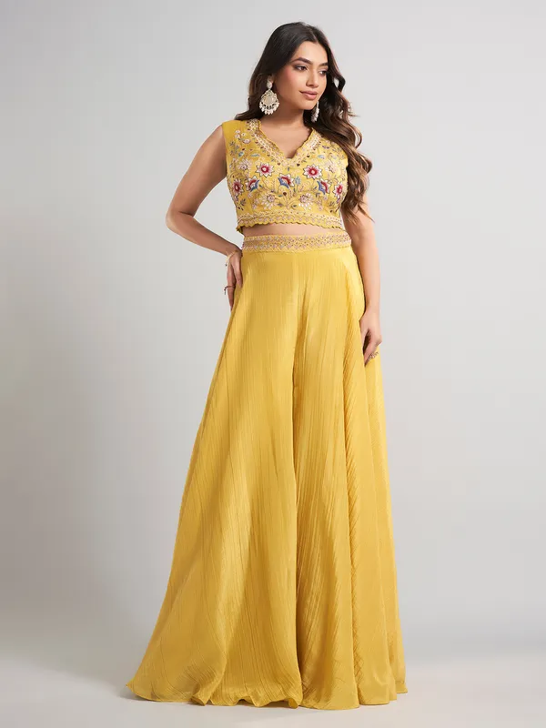 Mustard yellow designer jacket style silk palazzo suit