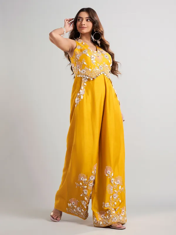 Mustard yellow designer silk jumpsuit for wedding wear