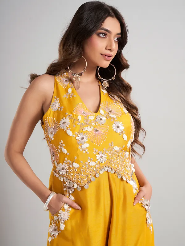 Mustard yellow designer silk jumpsuit for wedding wear