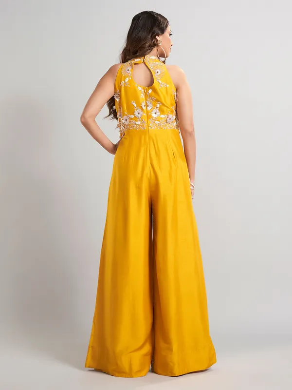 Mustard yellow designer silk jumpsuit for wedding wear