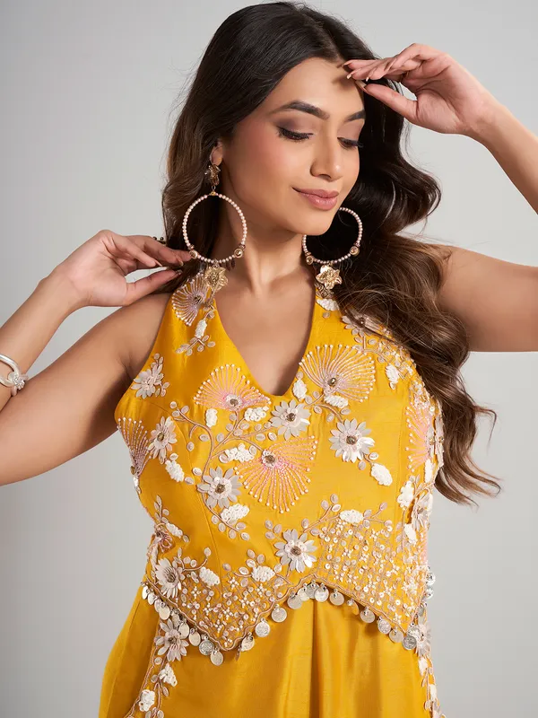 Mustard yellow designer silk jumpsuit for wedding wear