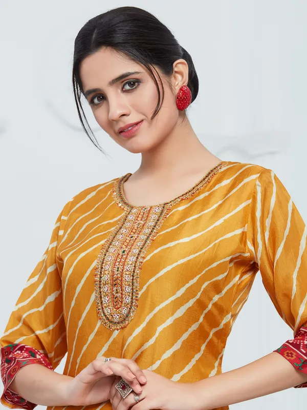 Mustard yellow digital printed a-line kurti