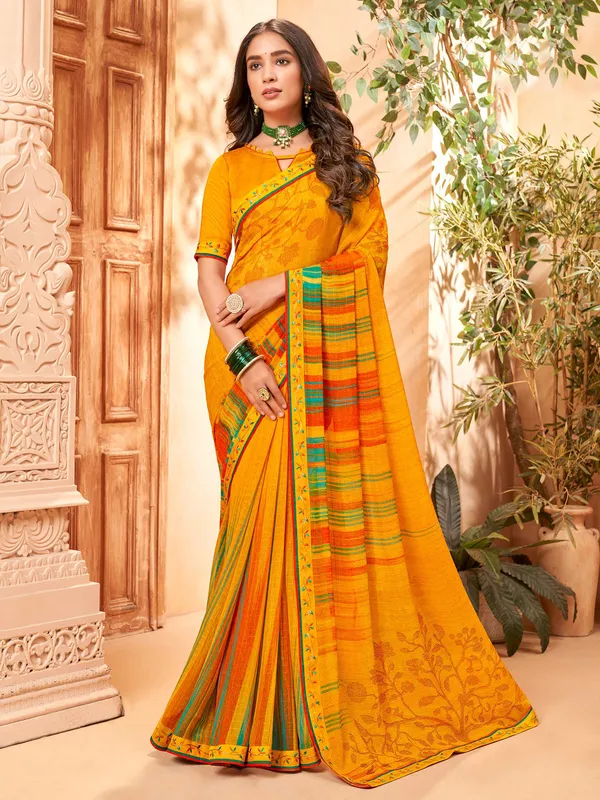 Mustard yellow digital printed saree