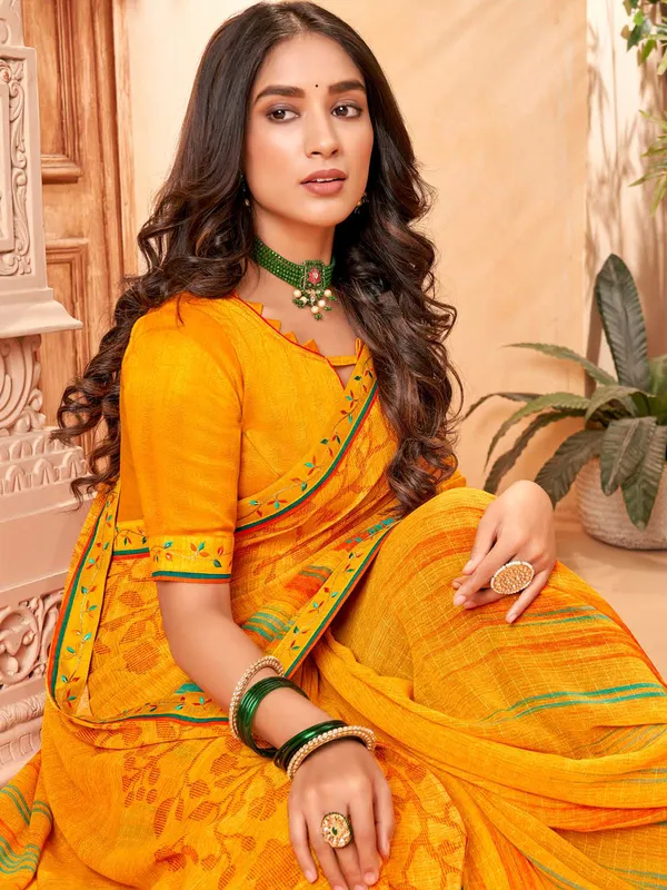 Mustard yellow digital printed saree