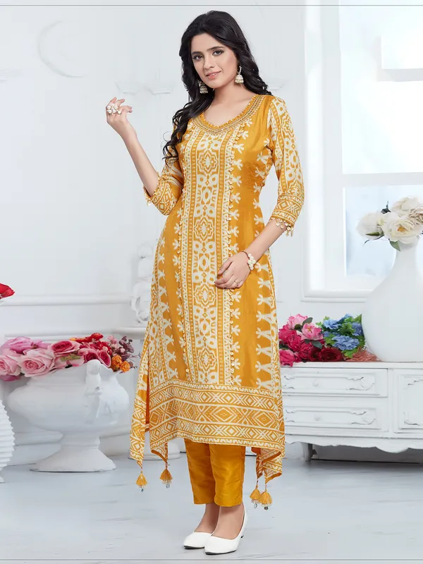 Mustard yellow dola silk a-line kurti