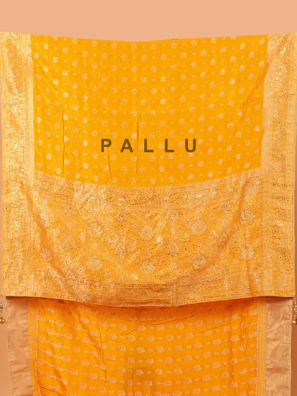 Mustard yellow dola silk saree for wedding wear
