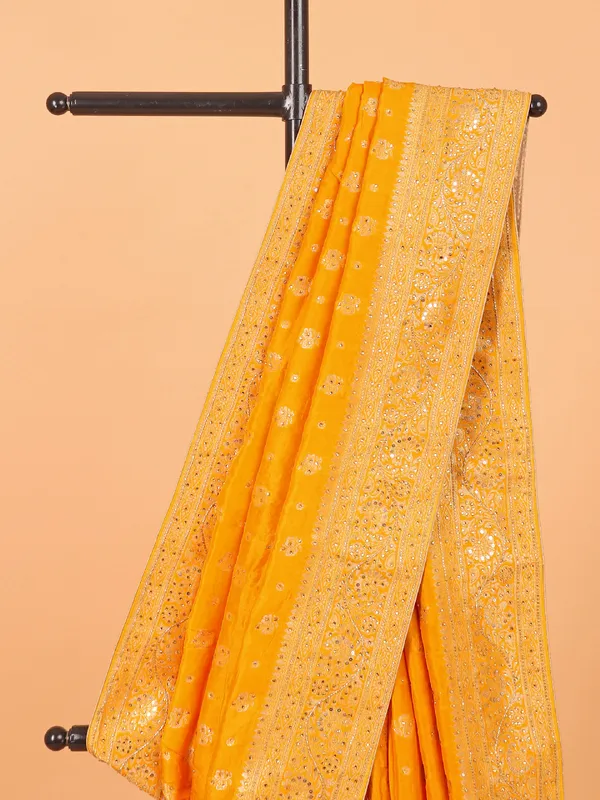 Mustard yellow dola silk saree for wedding wear