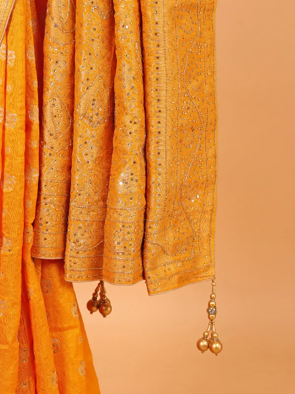 Mustard yellow dola silk saree for wedding wear