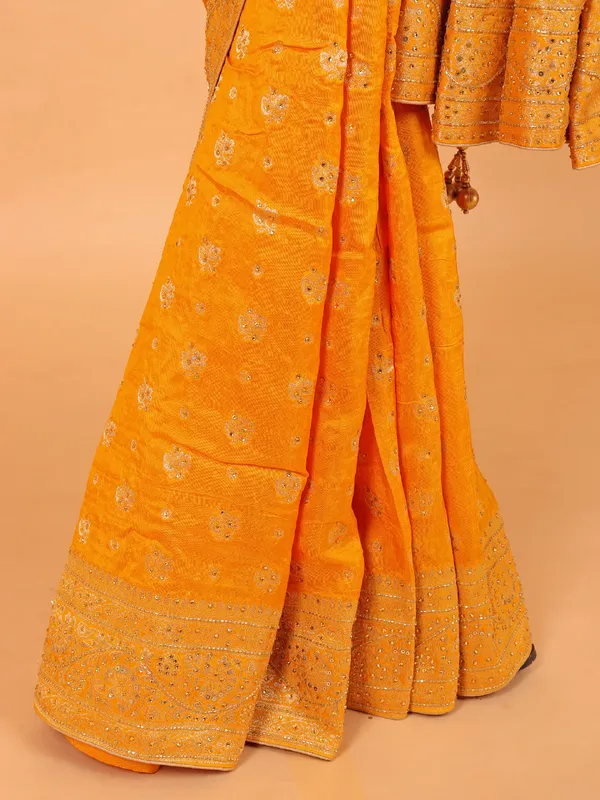 Mustard yellow dola silk saree for wedding wear