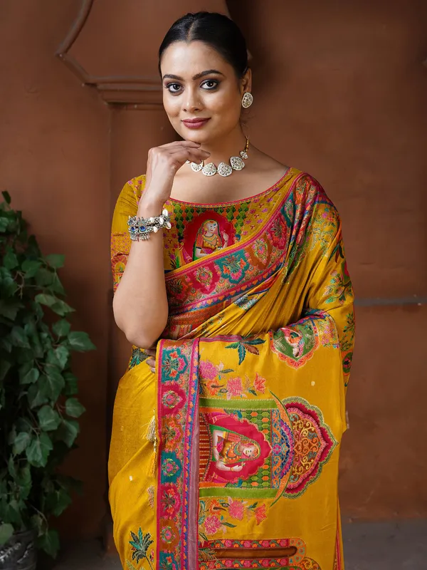 Mustard yellow dola silk saree for women