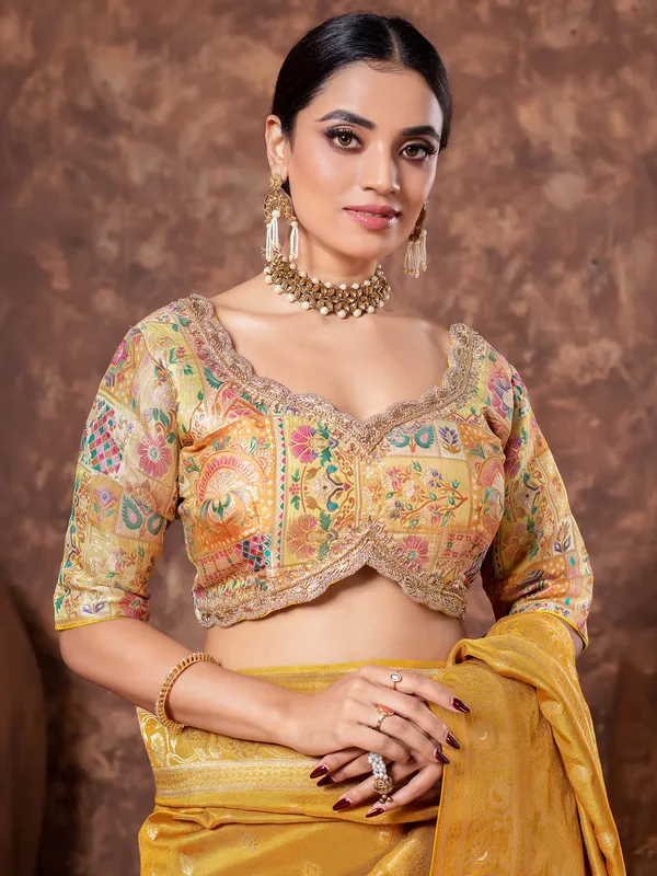 Mustard yellow dola silk saree with ready made blouse