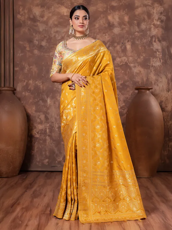 Mustard yellow dola silk saree with ready made blouse