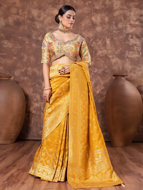 Mustard yellow dola silk saree with ready made blouse