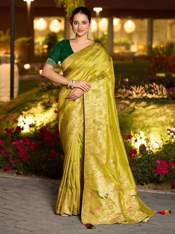 Mustard yellow dola silk saree with stone zari weaving