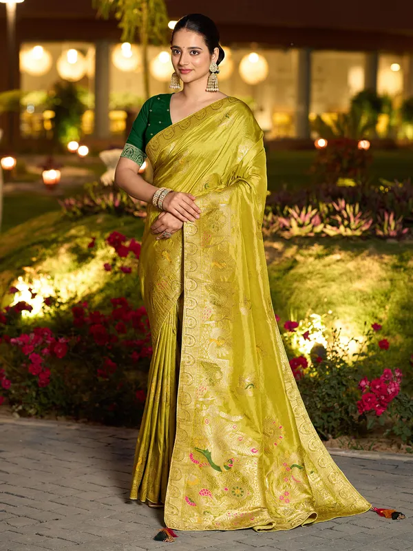 Mustard yellow dola silk saree with stone zari weaving