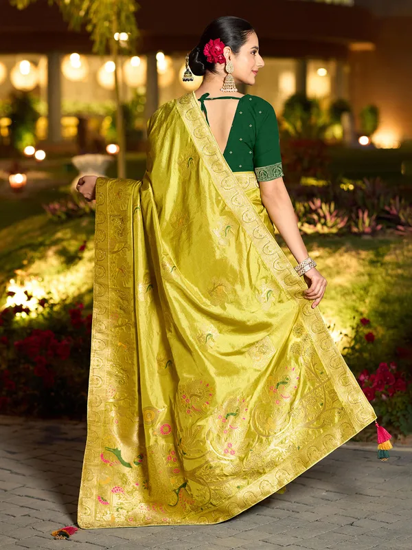 Mustard yellow dola silk saree with stone zari weaving