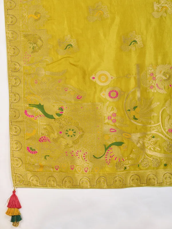 Mustard yellow dola silk saree with stone zari weaving