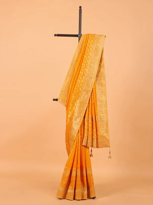 Mustard yellow dola silk saree with unstitched blouse