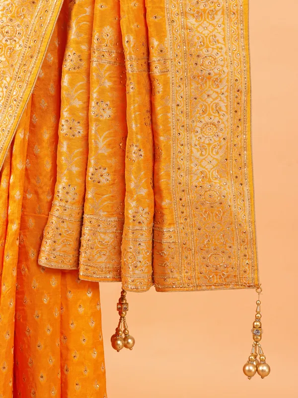 Mustard yellow dola silk saree with unstitched blouse