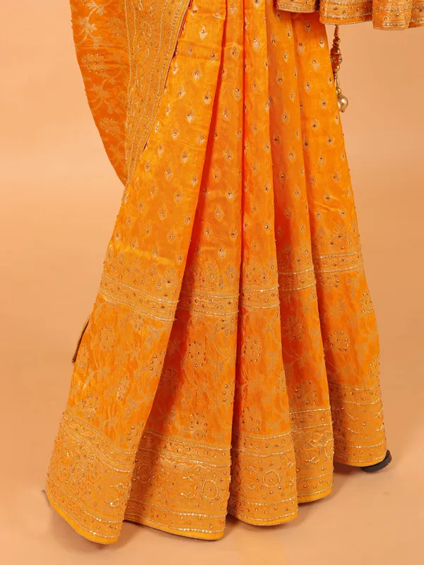 Mustard yellow dola silk saree with unstitched blouse
