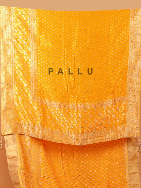 Mustard yellow dola silk saree with unstitched blouse