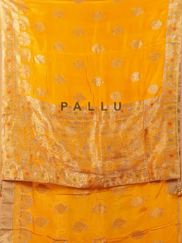 Mustard yellow dola silk saree with zari weaving