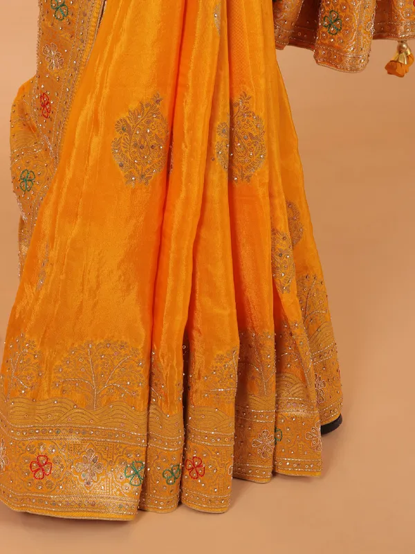 Mustard yellow dola silk saree with zari weaving