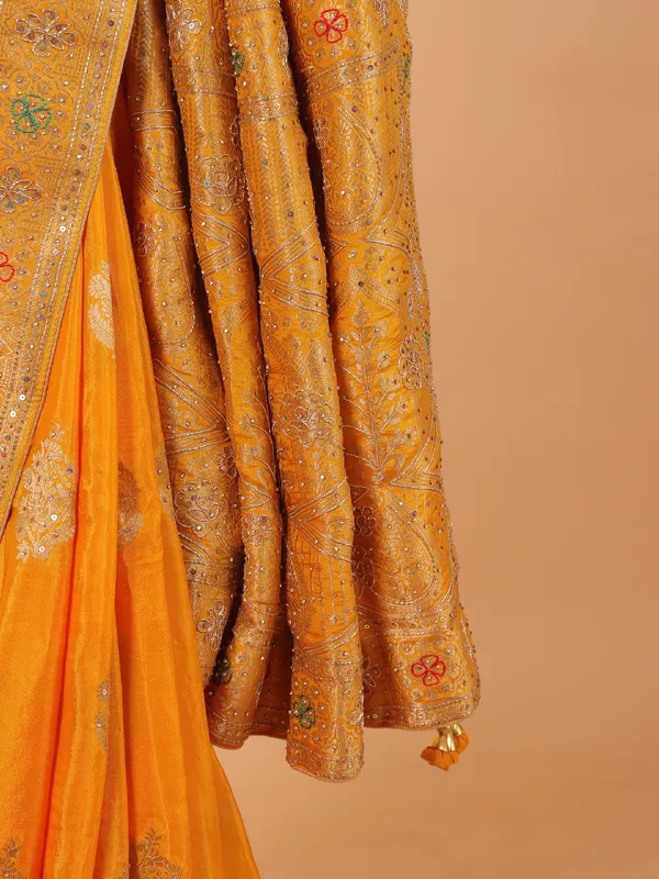 Mustard yellow dola silk saree with zari weaving