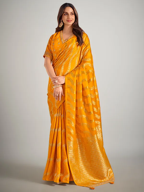 Mustard yellow dola silk zardosi weaving saree