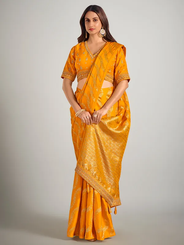 Mustard yellow dola silk zardosi weaving saree