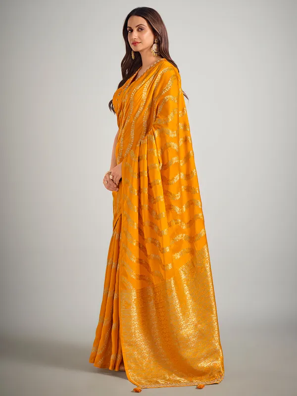 Mustard yellow dola silk zardosi weaving saree