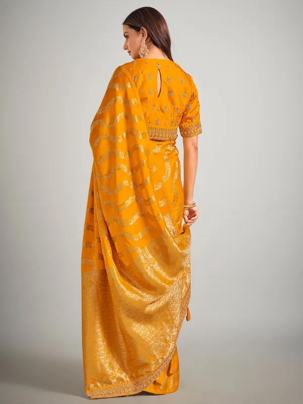 Mustard yellow dola silk zardosi weaving saree