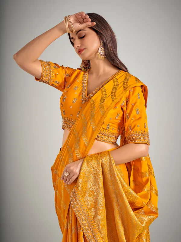 Mustard yellow dola silk zardosi weaving saree