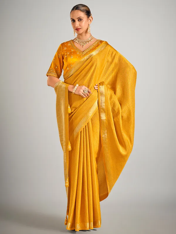 Mustard yellow dola silk zari weaving saree