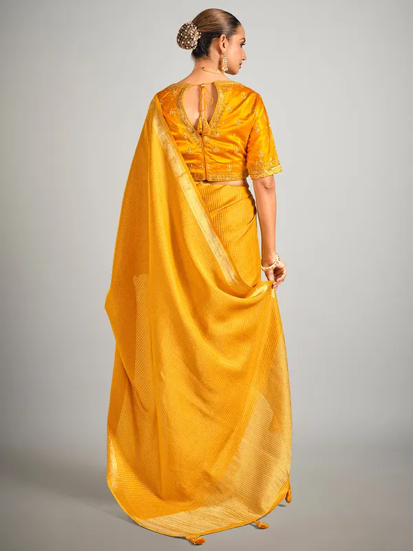 Mustard yellow dola silk zari weaving saree