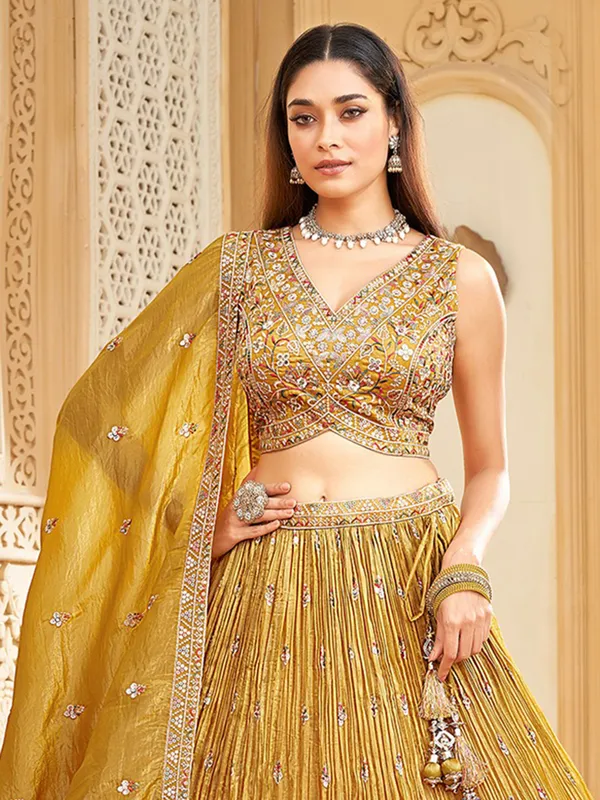 Mustard yellow elegant silk lehenga choli for wedding wear