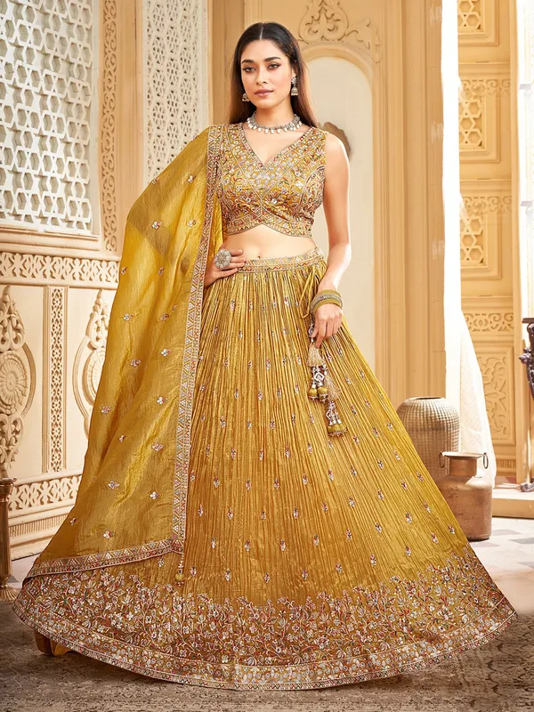 Mustard yellow elegant silk lehenga choli for wedding wear