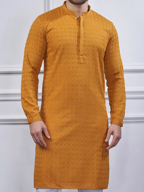 Mustard yellow embroidery cotton kurta suit for men
