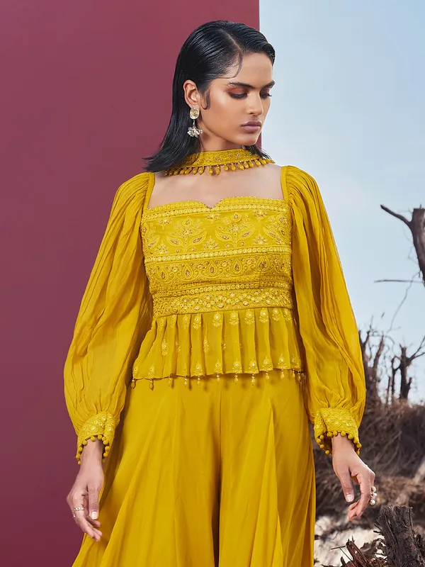 Mustard yellow embroidery palazzo suit in georgette
