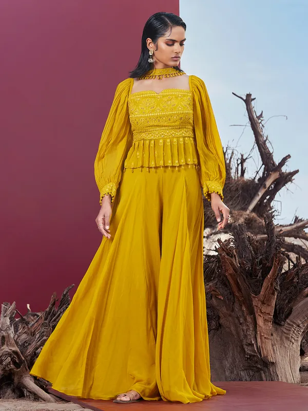 Mustard yellow embroidery palazzo suit in georgette