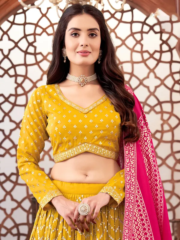 Mustard yellow finest lehenga choli in georegette for wedding
