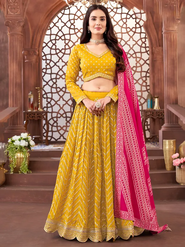 Mustard yellow finest lehenga choli in georegette for wedding