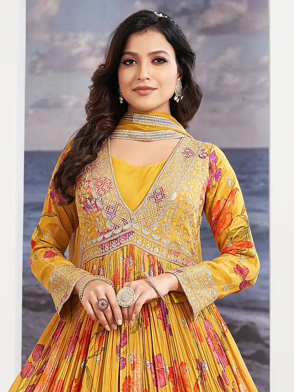 Mustard yellow floral printed anarkali suit