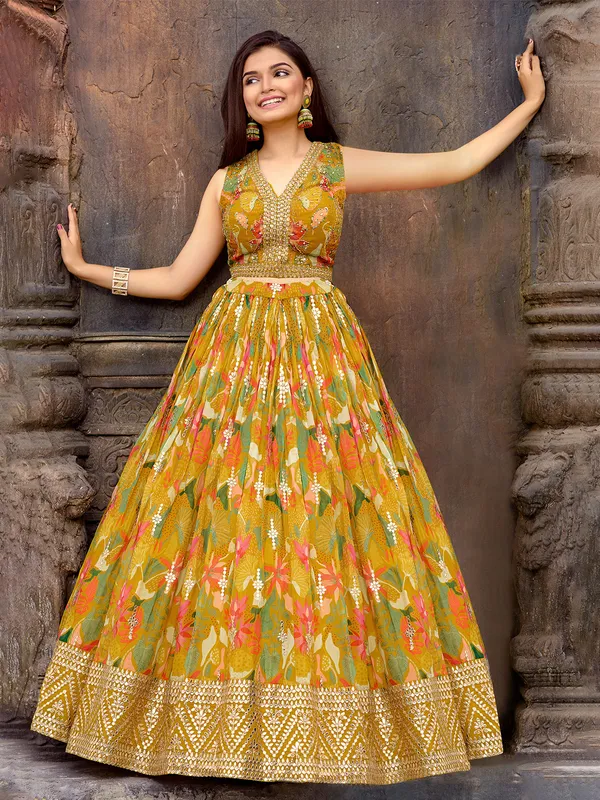 Mustard yellow floral printed lehenga choli