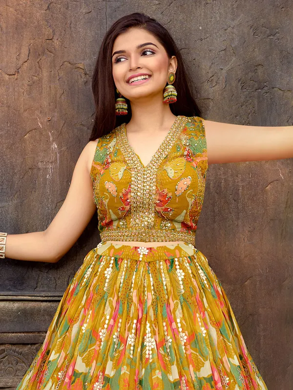 Mustard yellow floral printed lehenga choli