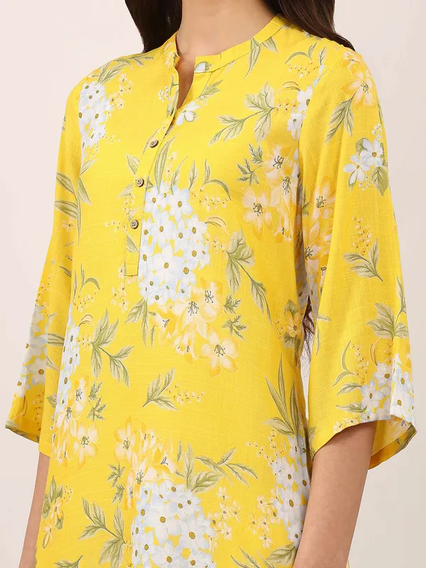 Mustard yellow floral printed linen cotton kurti