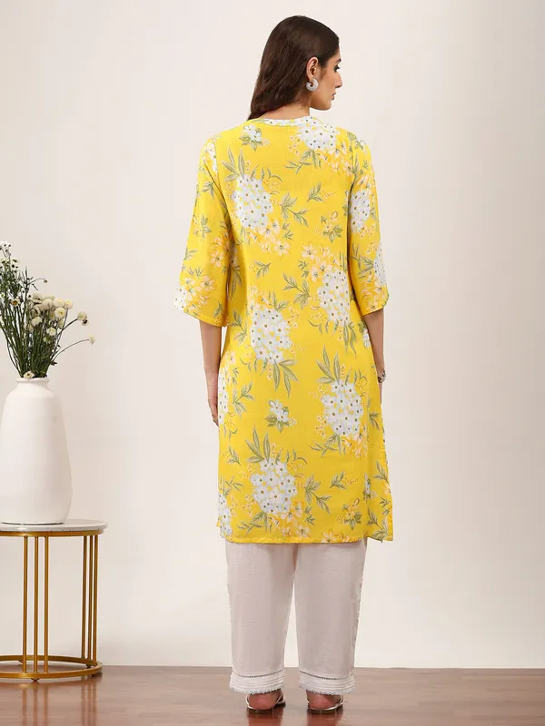 Mustard yellow floral printed linen cotton kurti
