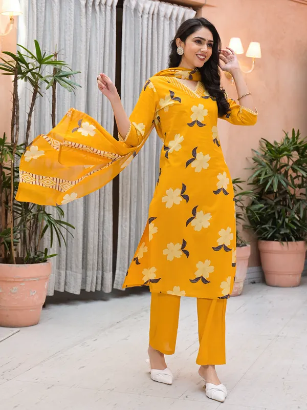 Mustard yellow floral printed silk kurti set