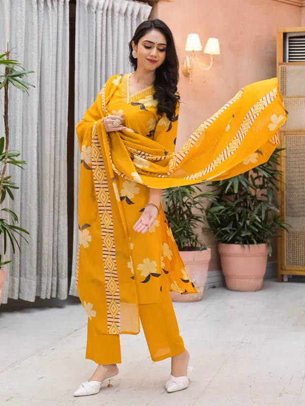 Mustard yellow floral printed silk kurti set
