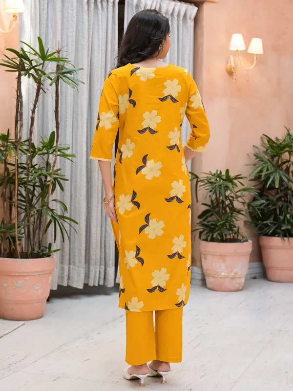 Mustard yellow floral printed silk kurti set